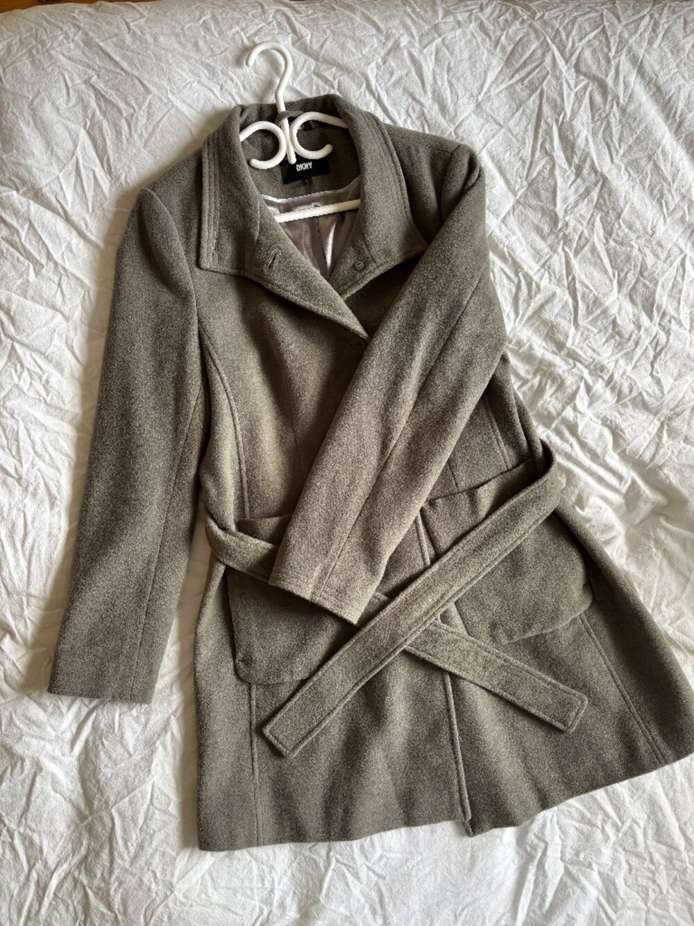 DKNY Sage Green Wool Blend Belted Coat Large